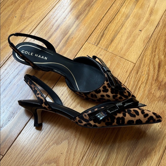 New! Cole Haan Noella Bow Leopard Print Leather Slingback Kitten Heel Pumps  7 - Picture 7 of 15
